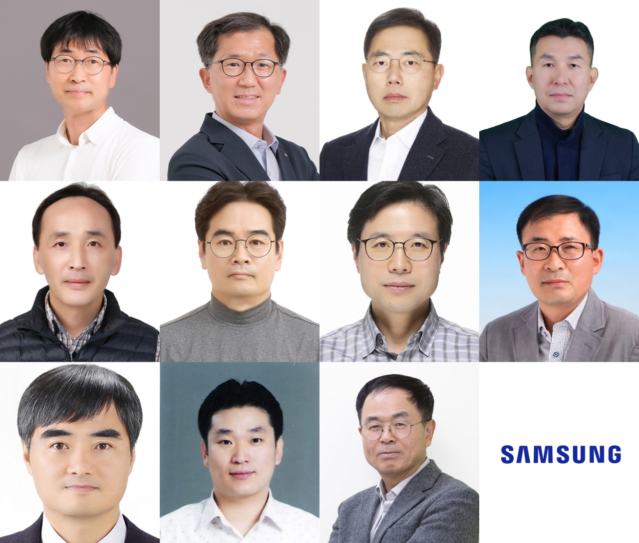 삼성 사내 최고 기술 전문가 ‘2023 삼성 명장’에 선임된 김문수(첫줄 왼쪽부터) 삼성전자 명장, 박우철 삼성전자 명장, 왕국선 삼성전자 명장, 이진일 삼성전자 명장 (둘째줄) 정병영 삼성전자 명장, 서희주 삼성전자 명장, 신재성 삼성전자 명장, 한종우 삼성전자 명장 (셋째줄) 이광수 삼성전자 명장, 김채호 삼성디스플레이 명장, 주관노 삼성SDI 명장