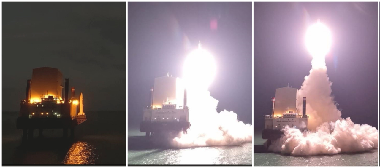 This combined photo, provided by the defense ministry on Jan. 2, 2023, shows South Korea's first-ever test-firing of a four-stage solid-fuel rocket, conducted at several locations in the country on Dec. 30. The ministry said the successful flight test of a homegrown solid-propellant space vehicle reflects progress in the country's quest to secure "independent" space security capabilities. (Photo - Yonhap)