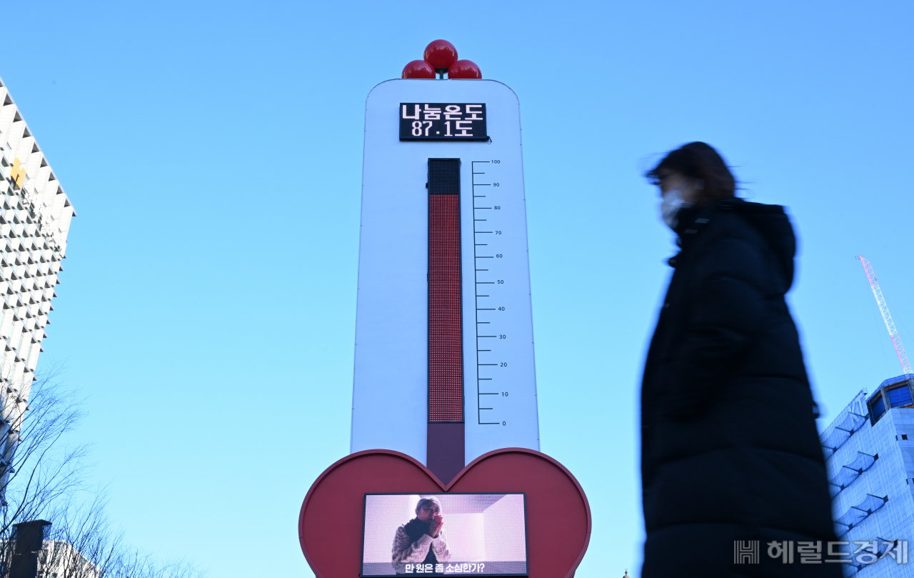 3일 서울 종로구 광화문광장에 설치된 사랑의 온도탑이 나눔온도 87.1도를 나타내고 있다. 임세준 기자