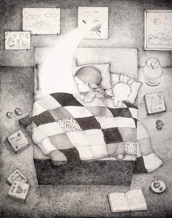 꼬닐리오, 달과 함께 잠든 소녀, 종이에 연필과 혼합재료, 34x27, 2022