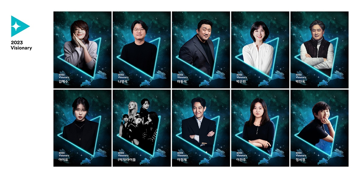 ‘2023 비저너리’로 선정된 인물. 김혜수, 나영석, 마동석, 박은빈, 박찬욱, 아이유, (여자)아이들, 이정재, 이진주, 정서경 총 10인. (가나다 순)