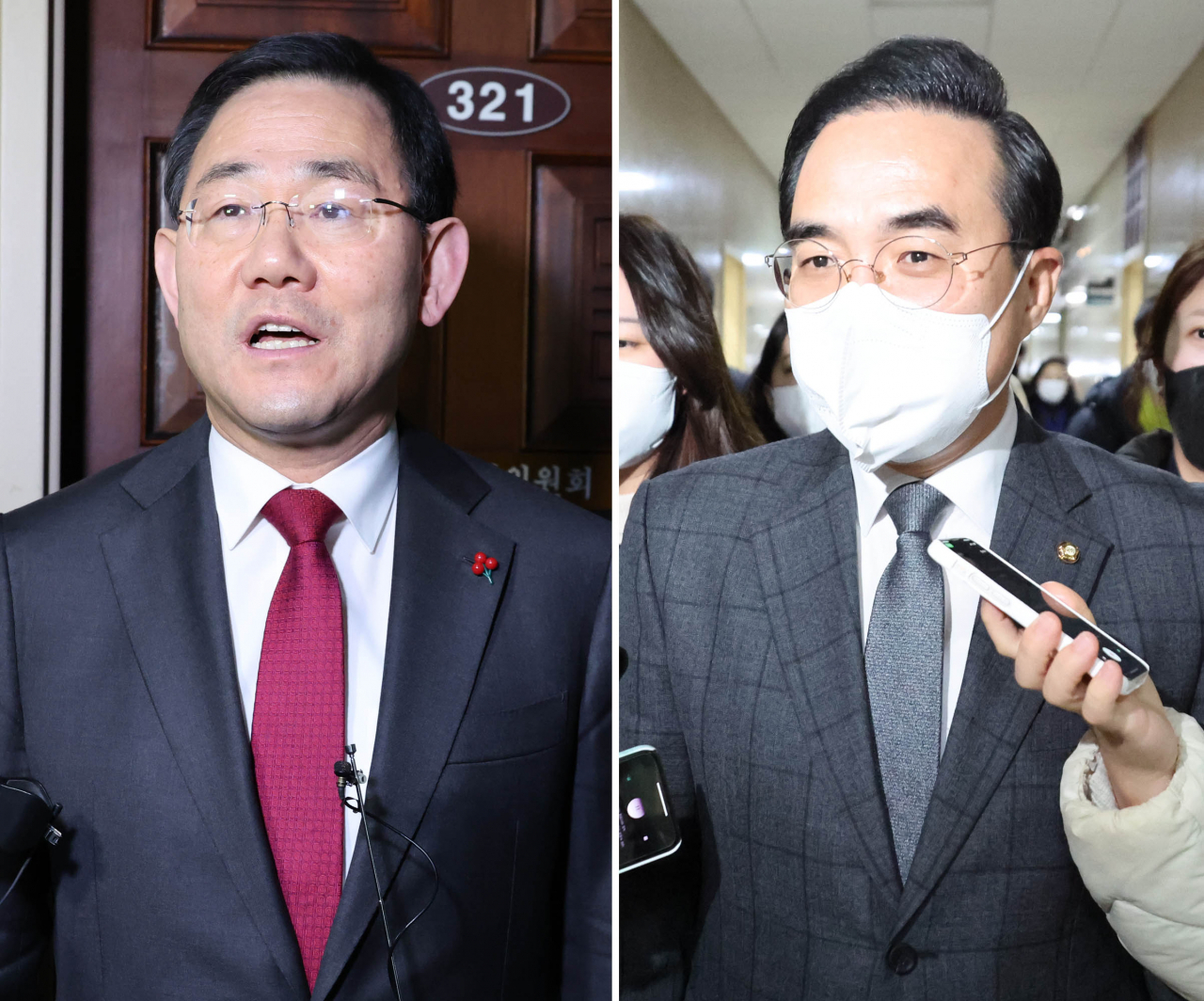 국민의힘 주호영 원내대표(왼쪽)와 더불어민주당 박홍근 원내대표가 3일 오전 국회 운영위원장실에서 새해 첫 만남을 마친 뒤 밖으로 나와 취재진의 질문에 답변하고 있다. 여야 원내대표는 이날 회동에서 이태원참사 국정조사의 기간 연장과 1월 임시국회 문제를 논의했으나 합의를 보지 못했다. 연합뉴스