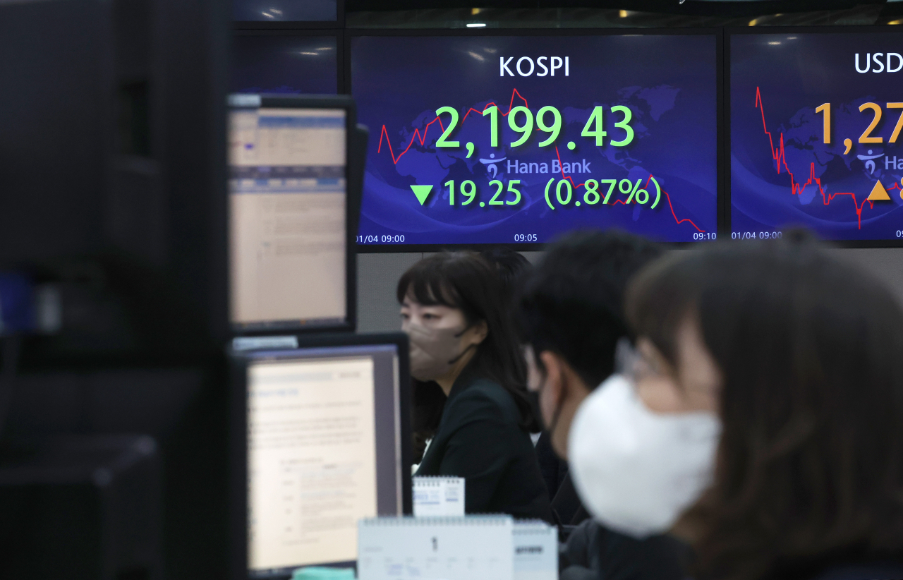 4일 오전 서울 중구 명동 하나은행 본점 딜링룸 전광판에 실시간 코스피지수가 표시돼 있다. 연합뉴스