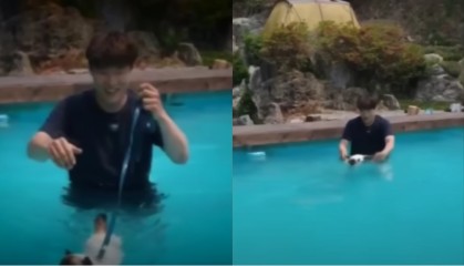 동거녀와 택시기사를 살해하고 유기한 혐의를 받는 이기영(31)이 지난해 8월 한 펜션 수영장에서 반려묘인 샴 고양이를 물에 빠뜨리며 즐거워하는 제보 영상이 공개됐다. [JTBC 사건반장 영상 캡처]