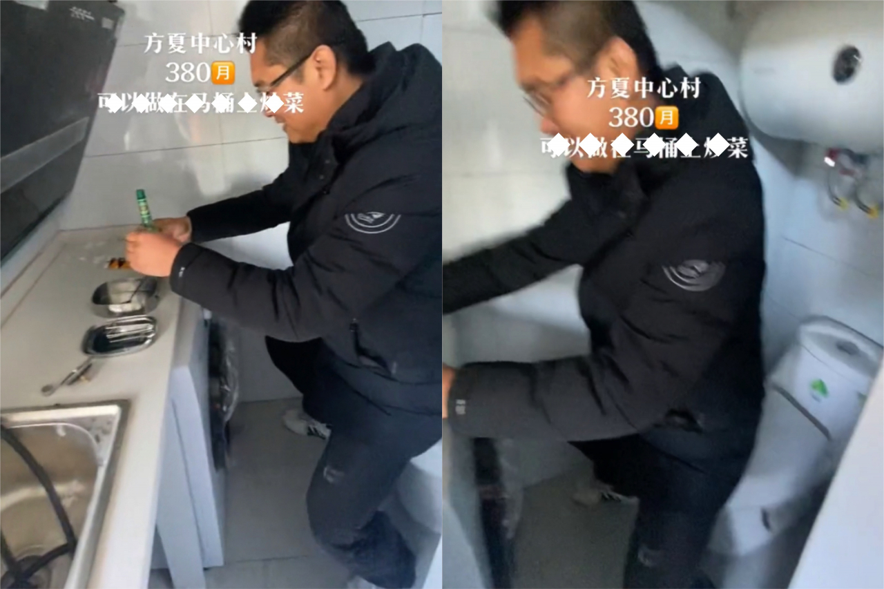 중국 상하이 외곽에 있는 월세 7만원짜리 풀옵션 원룸의 모습. 화장실과 부엌이 함께 있어 변기에 앉아서 요리를 해야한다. [도우인(抖音) 영상 갈무리]