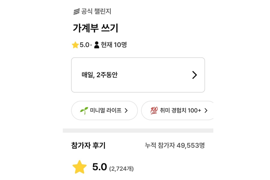 습관형성 플랫폼 챌린저스의 ‘가계부 쓰기’ 챌린지 참가 페이지. [챌린저스 화면 갈무리]