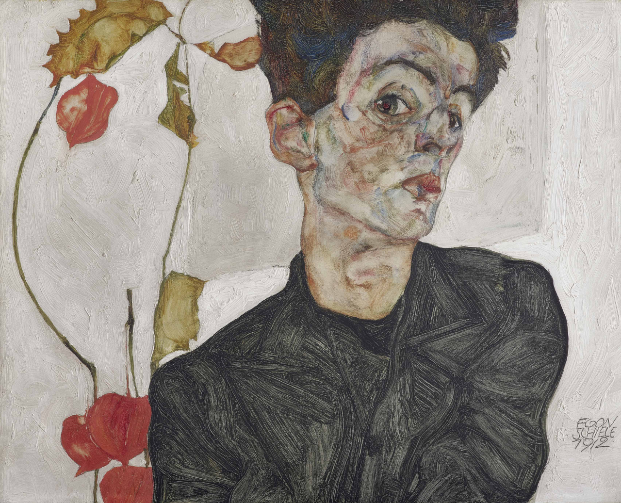 에곤실레, 꽈리 열매가 있는 자화상, 1912, Oil, opaque color on wood, 32.2&times;39.8 cm ⓒLeopold Museum, Vienna [도쿄도미술관 제공]