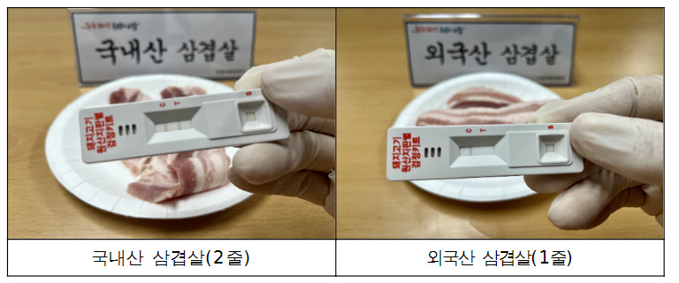 서울시 민생사법경찰단이 명절용 돼지고기 원산지 단속을 시행하고 있다. 사진은 돼지고기 신속 검정키트로 외국산과 국내산을 구분하는 모습. [서울시 제공]