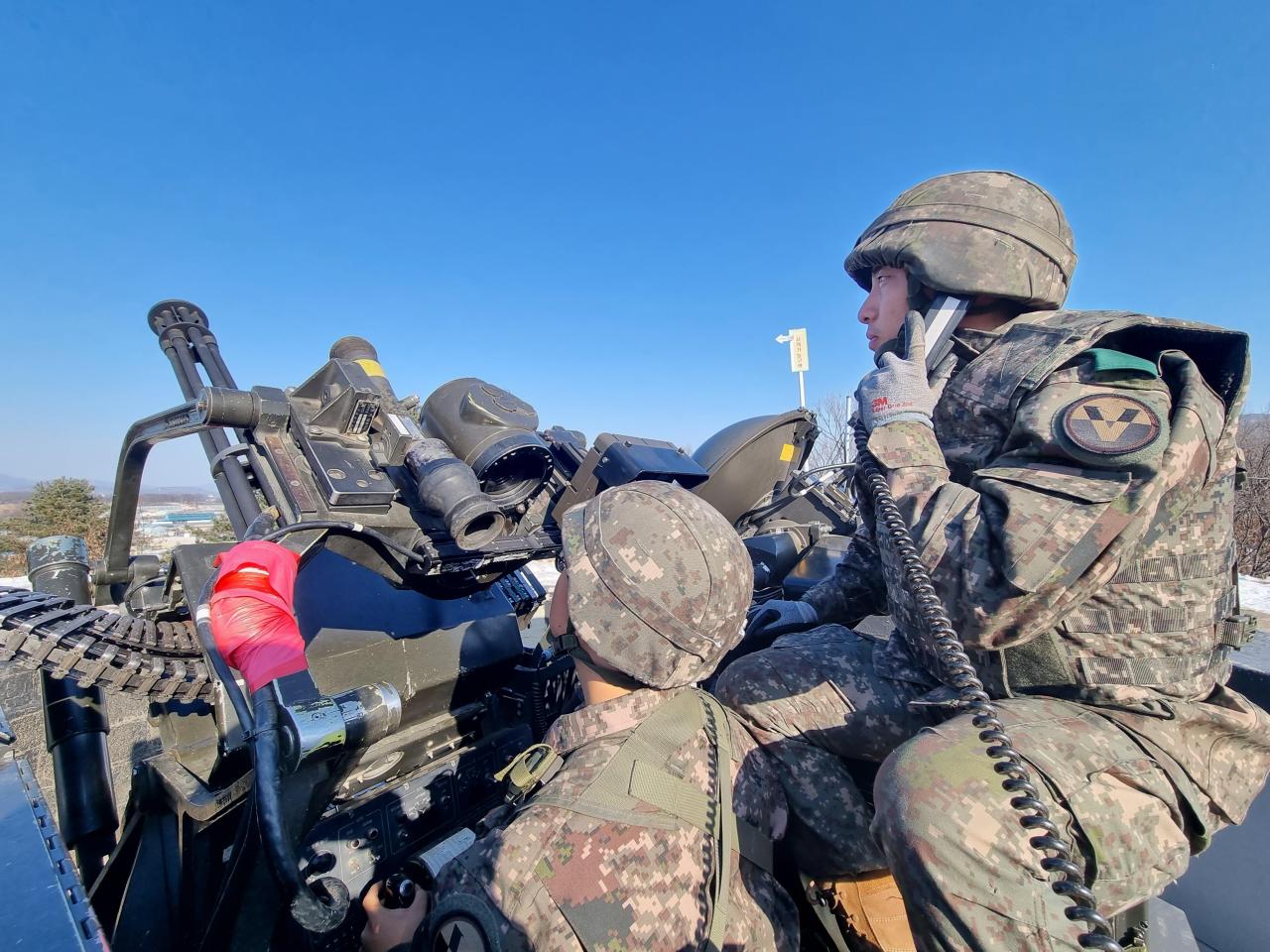 Troops engage in drills to strengthen defense against potential North Korean drone-based provocations in areas around Ganap-ri, Yangju, some 30 kilometers northeast of Seoul, on Dec. 29, 2022, in this photo released by the Joint Chiefs of Staff.  (Yonhap)