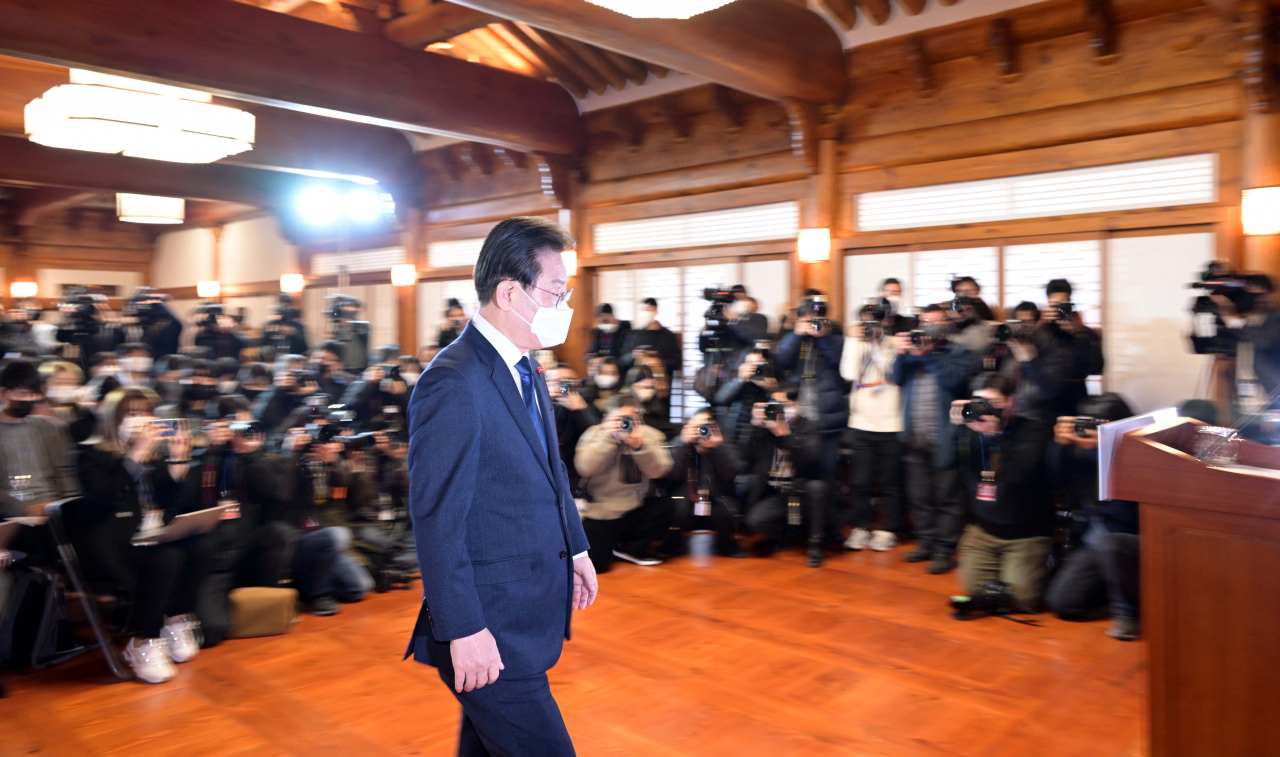 Democratic Party of Korea chair Rep. Lee Jae-myung appears at the press conference held at the National Assembly in Yeouido, central Seoul, on Thursday. (The Korea Herald)