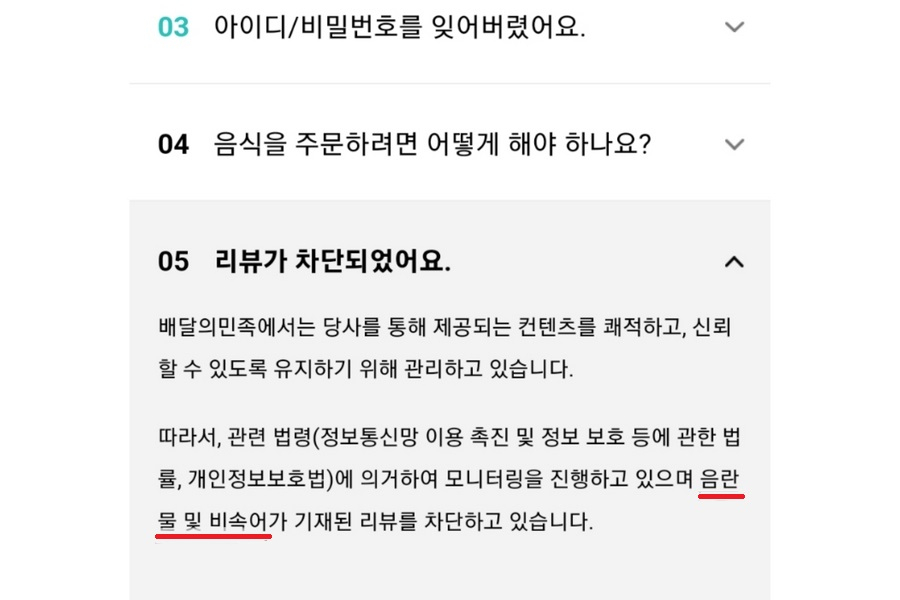배달의민족의 리뷰정책 중 음란물 및 비속어 리뷰 차단 안내. [배달의민족 홈페이지 갈무리]