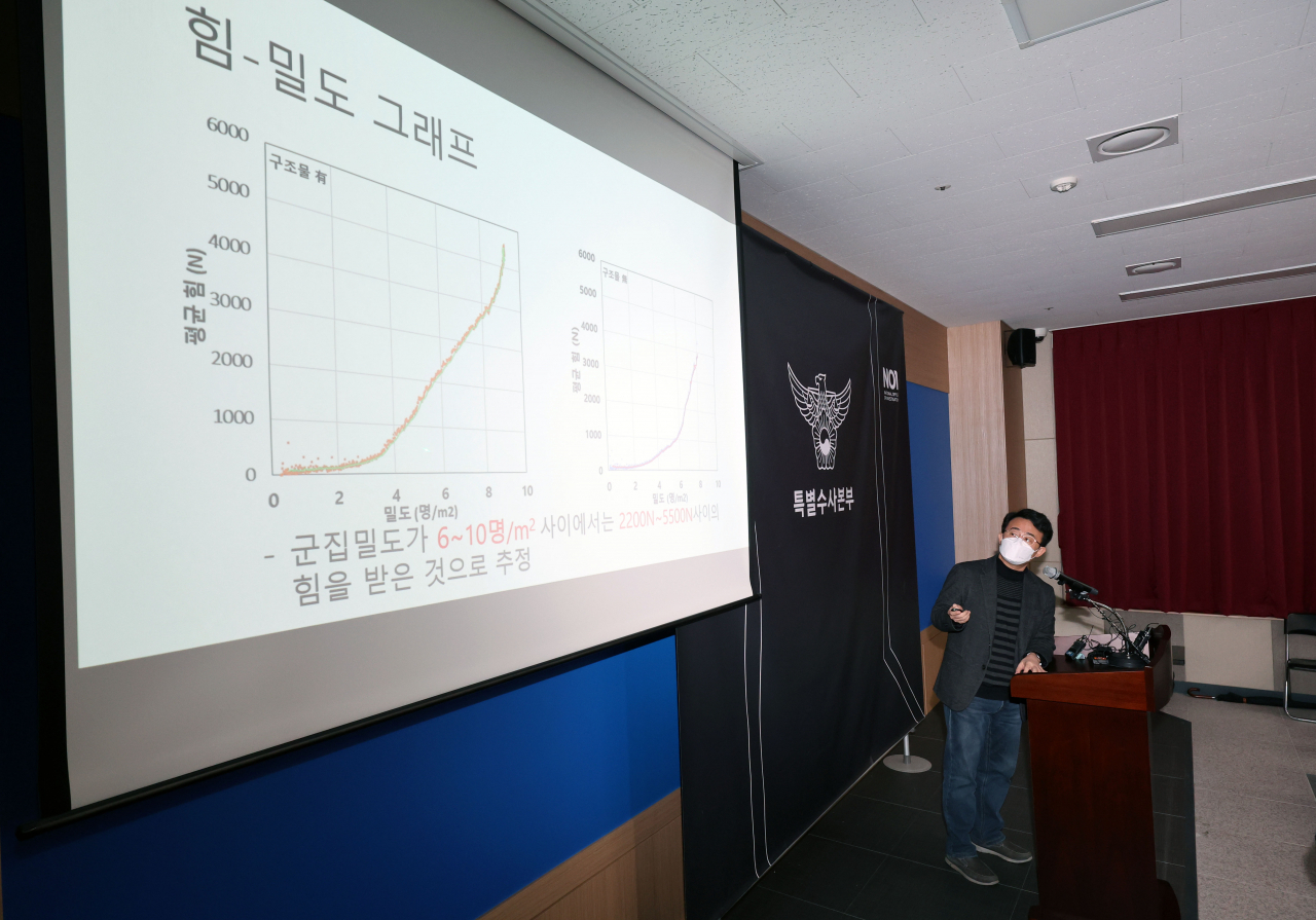 13일 오전 서울 마포구 이태원 사고 특별수사본부에서 열린 수사 결과 발표 브리핑에서 박준영 금오공과대학교 교수가 인구밀집도 변화에 따른 압사 사고 위험성 등에 대해 설명하고 있다. 연합뉴스