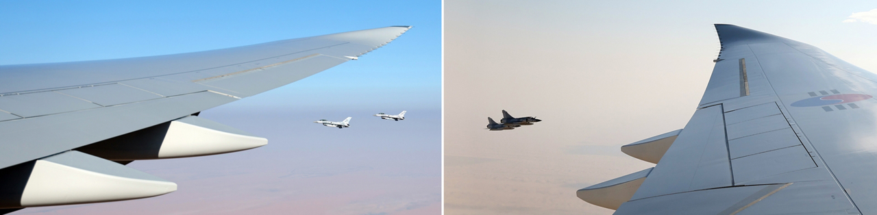 아랍에미리트(UAE) 국빈 방문에 나선 윤석열 대통령이 탑승한 공군 1호기가 UAE 공군전투기의 호위를 받으며 비행하고 있다. [연합]