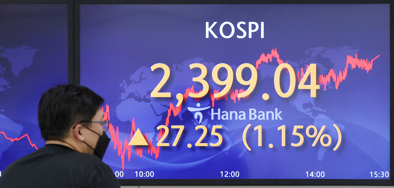 An electronic board showing the Korea Composite Stock Price Index at a dealing room of the Hana Bank headquarters in Seoul on Monday. (Yonhap)