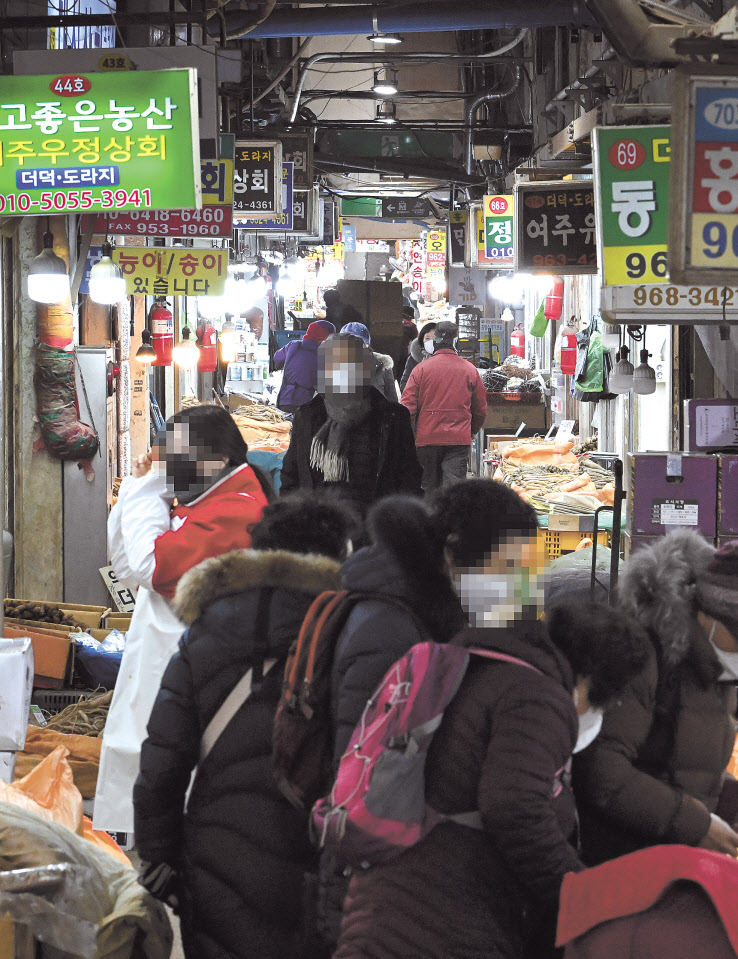 설 연휴를 닷새 앞둔 16일 서울 동대문구 경동시장에 시민들이 제수용품을 살펴보고 있다. 경기 불황이 장기화하면서 시민들이 연휴기간 지출을 최대한 줄이는 방안을 골몰하고 있다. 이날 한국물가협회에 따르면 올해 4인 가족 기준 올해 설 차례상 비용이 25만4300원으로, 지난해 설 연휴 때(24만290원)보다 5.8%(1만4010원) 상승한 수치다. 임세준 기자