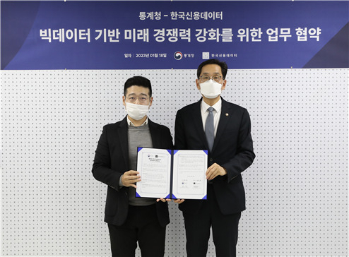 통계청과 한국신용데이터는 18일 데이터 제공 및 활용 협력을 위한 업무협약을 체결했다. 한훈 통계청장(사진 오른쪽)과 김동호 한국신용데이터 대표가 기념촬영을 하고 있다.[통계청 제공]
