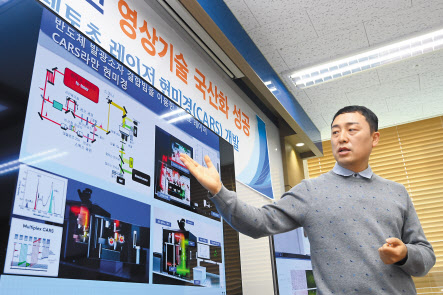 송동훈 한국전자통신연구원(ETRI) 박사가 카스(CARS) 라만 현미경의 작동원리를 설명하고 있다. [ETRI 제공]