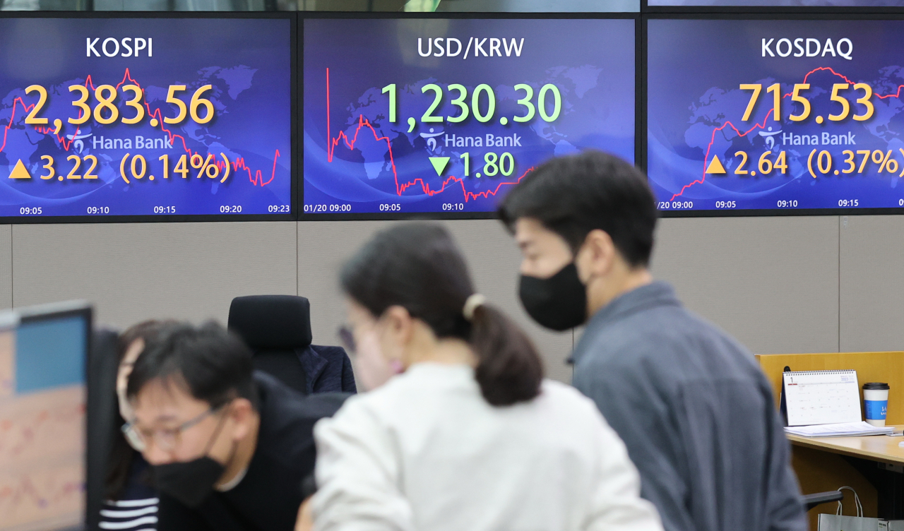 20일 오전 서울 중구 하나은행 본점 딜링룸에서 직원들이 업무를 보고 있다. 이날 코스피는 전장보다 0.34포인트(0.01%) 내린 2380.00으로 시작했다. 연합뉴스