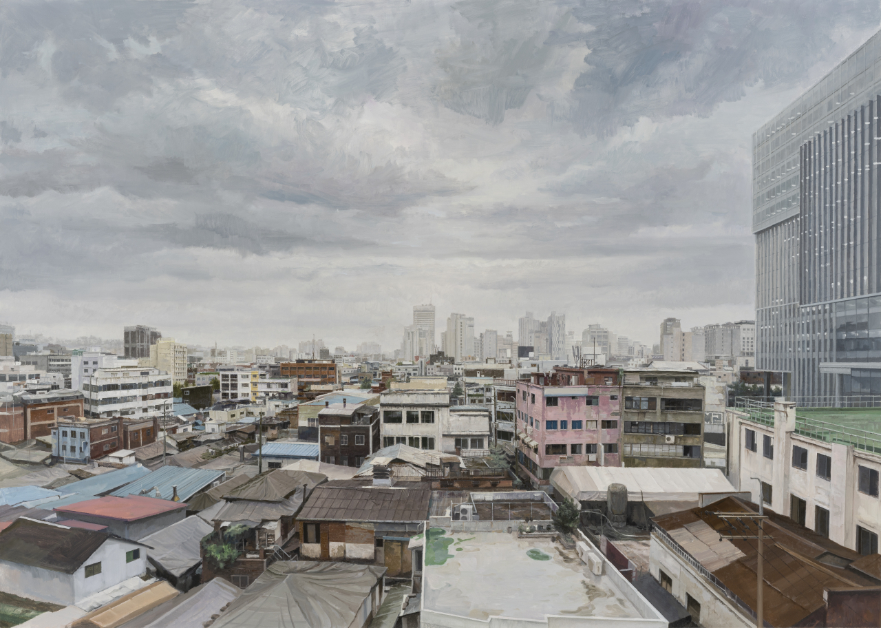정재호, 비온 뒤 을지로, 2022, 캔버스에 오일, 182 x 227 cm [초이앤초이 갤러리 제공]