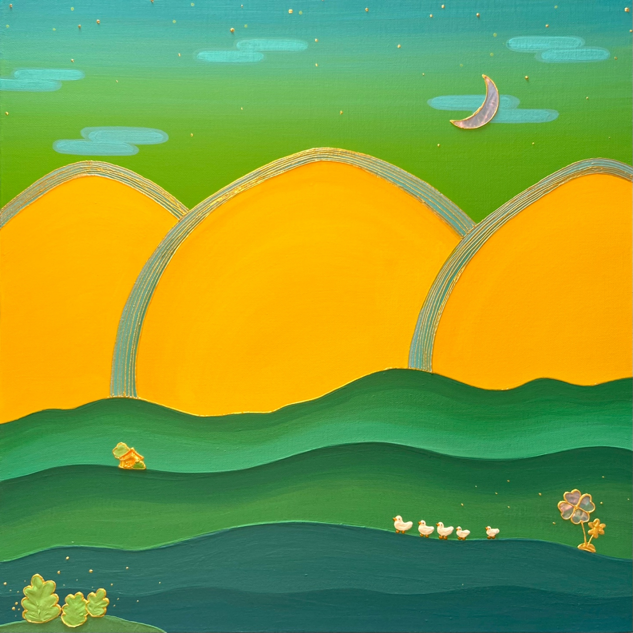 김현주, 피치파라다이스-산책, 2022, 캔버스에 혼합재료, 자개, 45x45x5cm