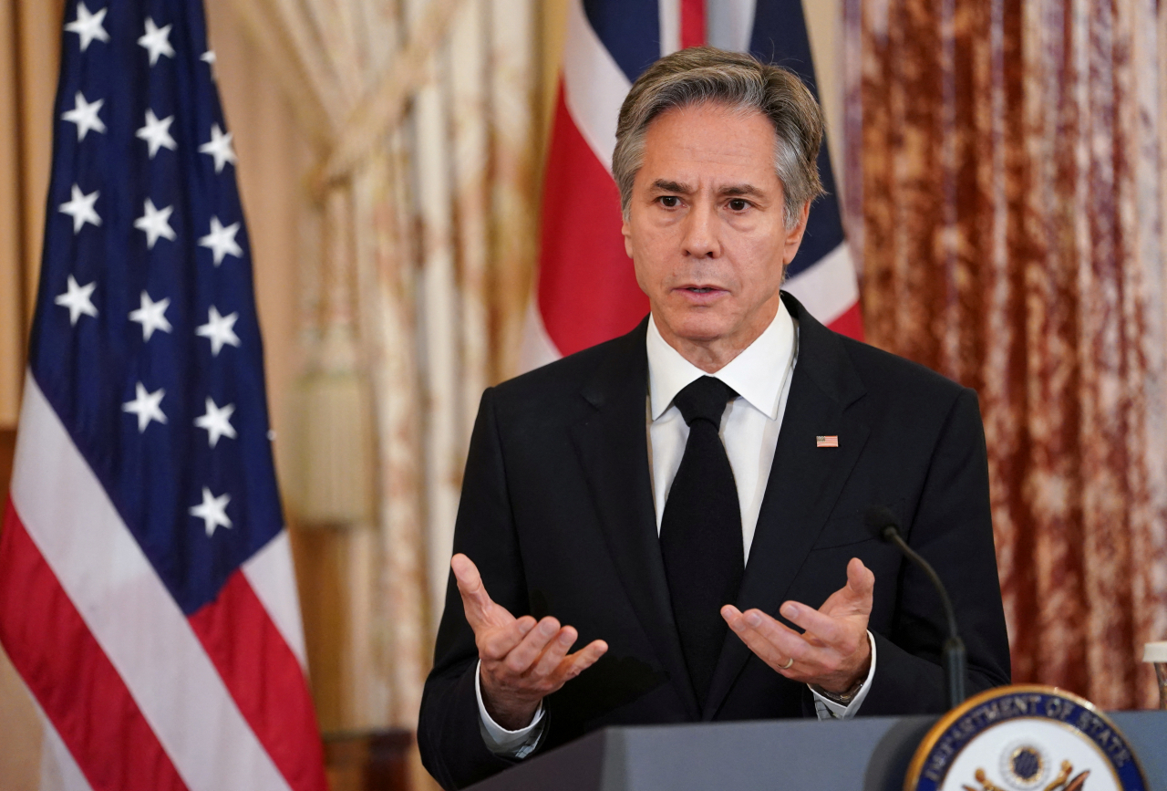US Secretary of State Antony Blinken speaks during a joint press conference with British Foreign Secretary James Cleverly at the State Department in Washington, DC, the US on Jan. 17, 2023. (Reuters-Yonhap)