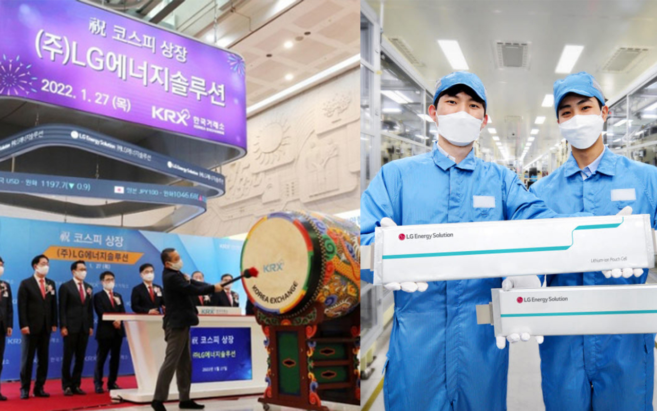 권영수 LG에너지솔루션 부회장 겸 최고경영자(CEO)가 지난해 1월 27일 서울 영등포구 한국거래소(KRX)에서 코스피 상장을 기념하기 위해 북을 치고 있다. LG에너지솔루션 직원들이 배터리를 선보이고 있는 모습. [공동취재사진, LG에너지솔루션]