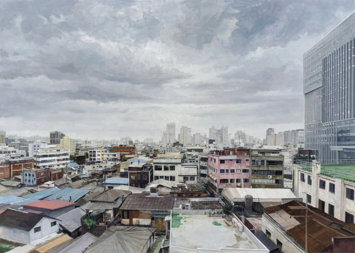 정재호, 비온 뒤 을지로, 2022, 캔버스에 오일, 182 x 227 cm.