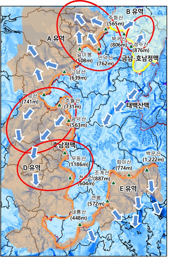 정맥 외부 유역별 찬공기 흐름도(산림청 제공)