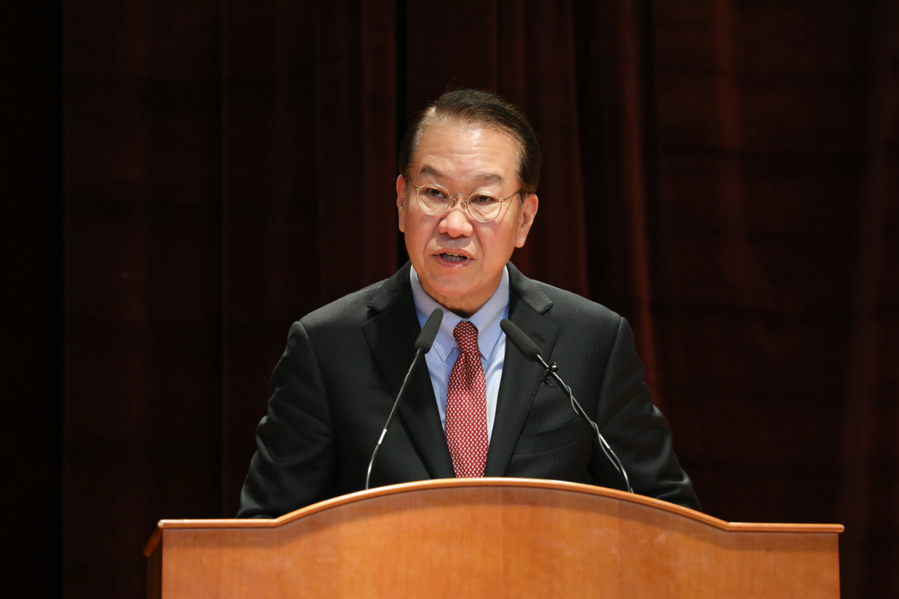 권영세 통일부 장관이 2일 정부서울청사 별관에서 열린 시무식에서 신년사하고 있다. [연합]