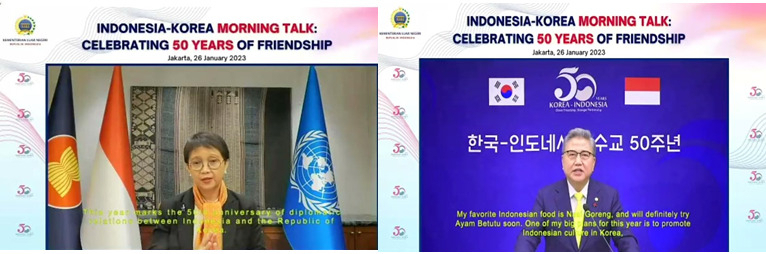 Indonesia's Foreign Minister Retno Marsudi and South Korea’s Foreign Minister Park Jin attend a hybrid discussion at the Ministry of Foreign Affairs of Indonesia, in Jakarta, Thursday.