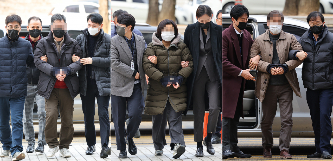 동남아 국가에서 북측 인사들과 접촉해 지령을 받고 활동한 혐의를 받는 경남진보연합 관계자들이 지난달 31일 오후 각각 영장실질심사를 받기 위해 서울 서초구 서울중앙지법에 출석하고 있다. [연합]