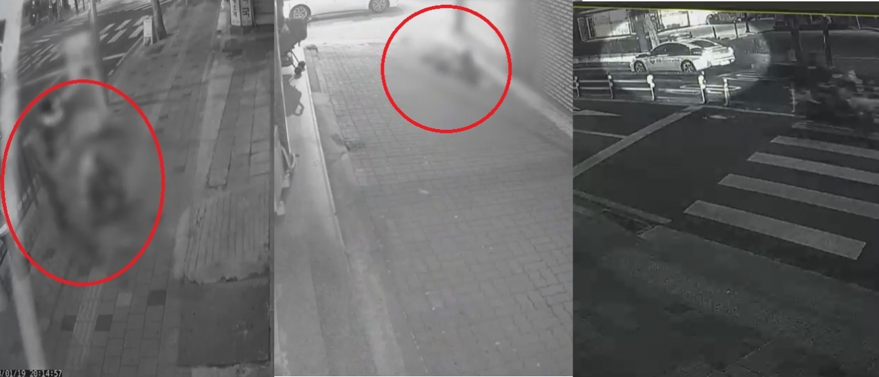 MBC가 공개한 CCTV. 경찰관 2명이 취객을 깨우려 시도하는 모습(왼쪽)과 경찰이 떠난 뒤 취객이 옆 비좁은 골목으로 이동해 누운 모습(가운데)이다. 사고 당시 경찰관들은 도로 맞은 편 순찰차에 머물러 있었던 것으로 드러났다(오른쪽).