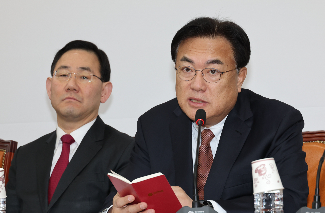 정진석 국민의힘 비상대책위원장이 2일 오전 서울 여의도 국회에서 열린 비상대책위원회의에서 발언하고 있다. [연합]