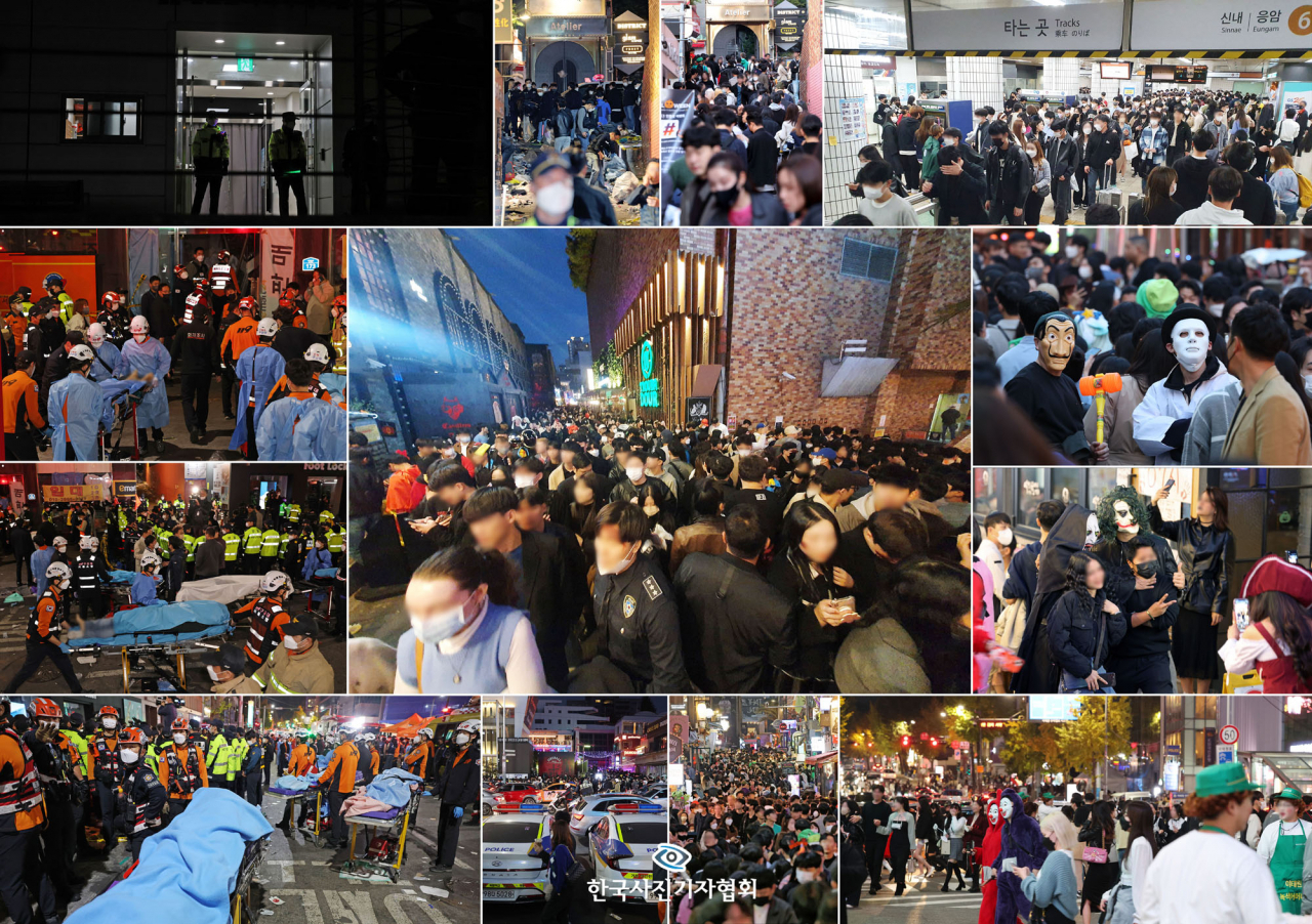 〈최우수상 - 이태원 참사, 그날의 기록〉 2022년 10월 29일 오후 10시 15분경, 서울 용산구 이태원동 해밀톤호텔 옆 골목에 핼러윈을 즐기려는 인파가 몰리면서 159명이 사망하는 참사가 발생했다. 참사가 발생한 골목은 보행로 폭이 4ｍ 안팎으로 좁은 데다 경사까지 심한 비탈길이다. 사고 목격자들에 따르면 골목길에 사람들이 너무 많아 움직일 수 없는 상황에 놓여 있었고, 오르막길 쪽에 있던 사람 중 일부가 넘어지면서 순식간에 대열이 무너져 내리막 쪽에 있던 사람들까지 연쇄적으로 겹겹이 넘어졌다고 했다. 이날 오후 6시경부터 경찰(112)에 신고가 접수되기 시작했고 10시 15분 이후 신고전화가 급증했다. 엄청난 인파가 몰렸음에도 안전사고에 대비한 현장관리 및 통제가 이뤄지지 않아 논란이 일었다. 정부는 이태원 참사 이후 10월 30일부터 11월 5일 밤 24시까지를 국가애도기간으로 정하고, 사고가 발생한 서울시 용산구를 특별재난지역으로 선포했다. '이태원 참사, 그날의 기록'은 참사 발생 현장인 이태원 해밀톤호텔 옆 골목 인파 상황으로 시작해 사고 이후 골목을 감식하는 경찰들의 모습으로 끝을 맺는다. 시민들의 핼러윈을 즐기는 모습, 인파가 점점 늘어나는 상황에도 경찰의 통제가 이뤄지지 않는 상황, 사고 발생 후 구급대원들이 사상자를 이송하는 장면, 사고 현장 옆 건물에 있던 시신들을 병원과 체육관 등에 옮기는 장면, 임시로 시신이 안치된 원효로 다목적체육관의 모습 등을 시간순으로 기록했다. 〈김범석 기자 / 파이낸셜뉴스 / 한국사진기자협회〉