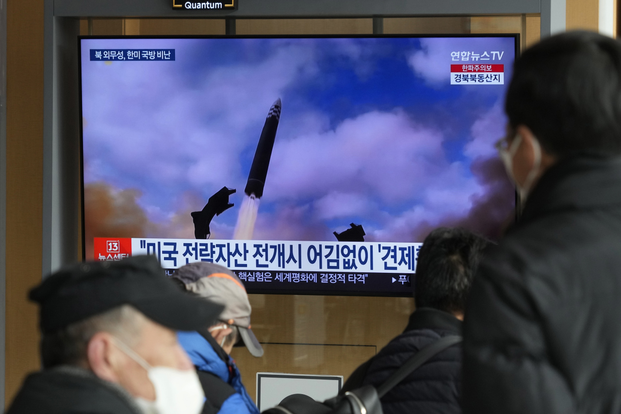 A TV screen shows a file image of North Korea's missile launch during a news program at the Seoul Railway Station in Seoul, South Korea, Thursday, Feb. 2. 2023. North Korea said Thursday it's prepared to counter U.S. military moves with the "most overwhelming nuclear force" as it warned that the expansion of the United States' combined military exercises with rival South Korea is pushing tensions to an "extreme red line." (AP Photo/Ahn Young-joon)