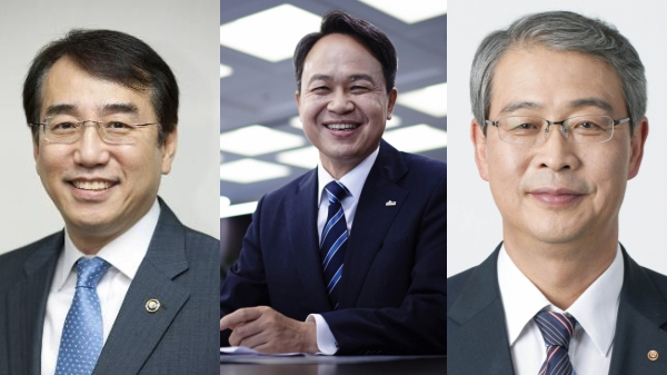 왼쪽부터 이석준 NH금융지주 회장, 진옥동 신한금융지주 회장 내정자, 임종룡 차기 금융지주 회장