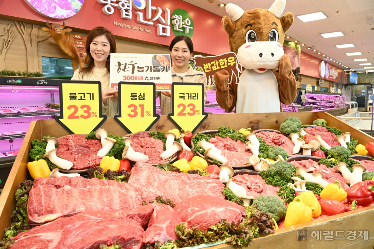 농협유통·농협하나로유통이 축산농가 돕기 '한우 300마리 물량 대 할인전'을 진행한다고 밝힌 가운데 6일 서울 서초구 농협 하나로마트 양재점에서 모델들이 한우제품을 선보이고 있다. 사진=농협유통 제공