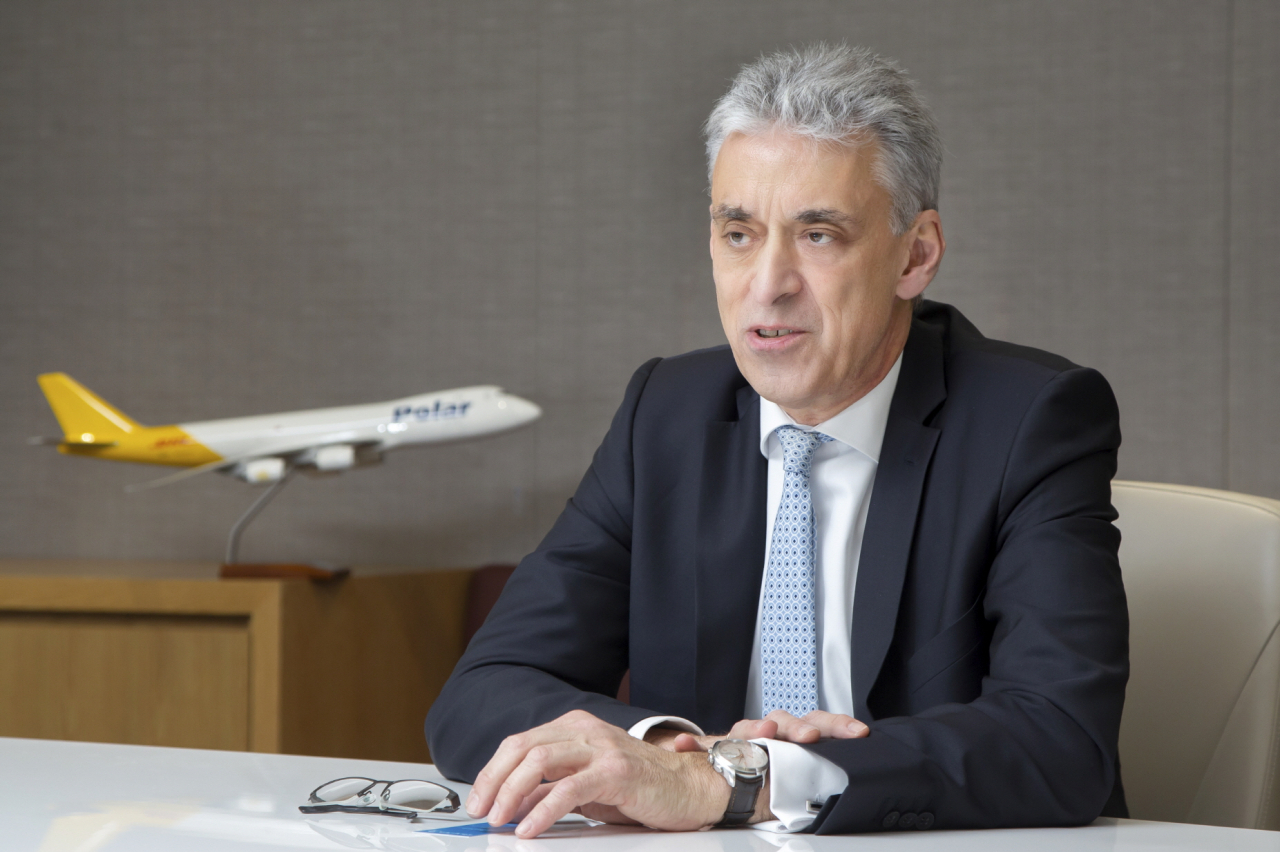 Deutsche Post DHL Group CEO Frank Appel speaks during a recent interview with The Korea Herald at the Korean headquarters in Mapo-gu, Seoul, Jan. 19. (DHL Korea)