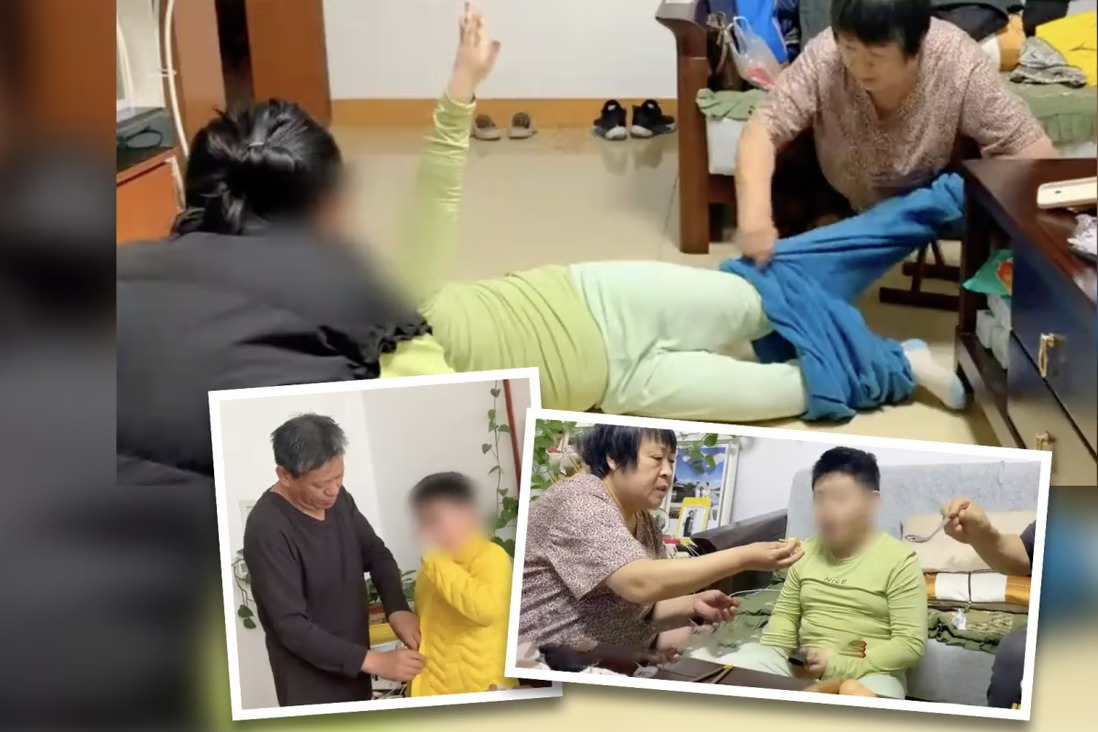 사연에 소개된 조부모와 외손주 모습. 할머니가 손으로 반찬을 집어 먹여주고, 할아버지도 숟가락으로 밥을 떠서 먹여주고 있다.[SCMP 재구성]
