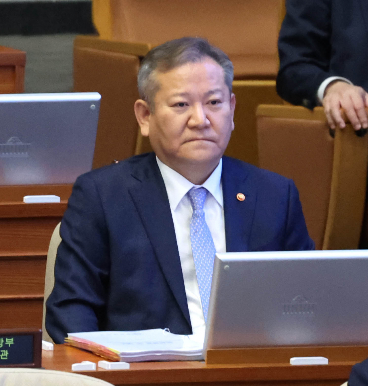 Interior and Safety Minister Lee Sang-min attends a plenary session at the National Assembly in Seoul on Monday. Three opposition parties, led by the main opposition Democratic Party, introduced an impeachment motion against the interior minister the same day over the government's alleged bungled response to the Oct. 29, 2022, crowd crush that killed 159 people in the capital's Itaewon district. (Yonhap)