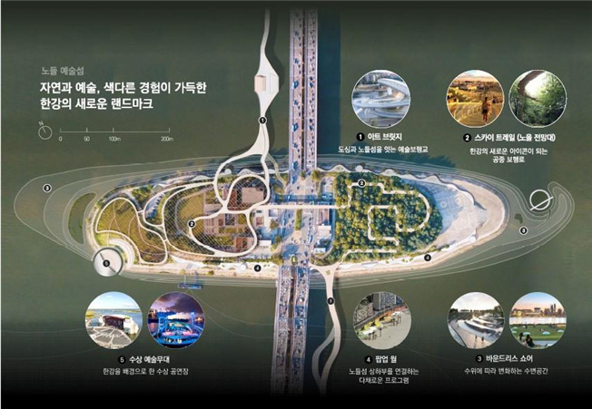 노들섬이 예술보행교, 노을전망대, 바운드리스 쇼어, 팝업 월, 수상예술무대를 갖춘 예술섬으로 완전히 탈바꿈된다. [서울시 제공]