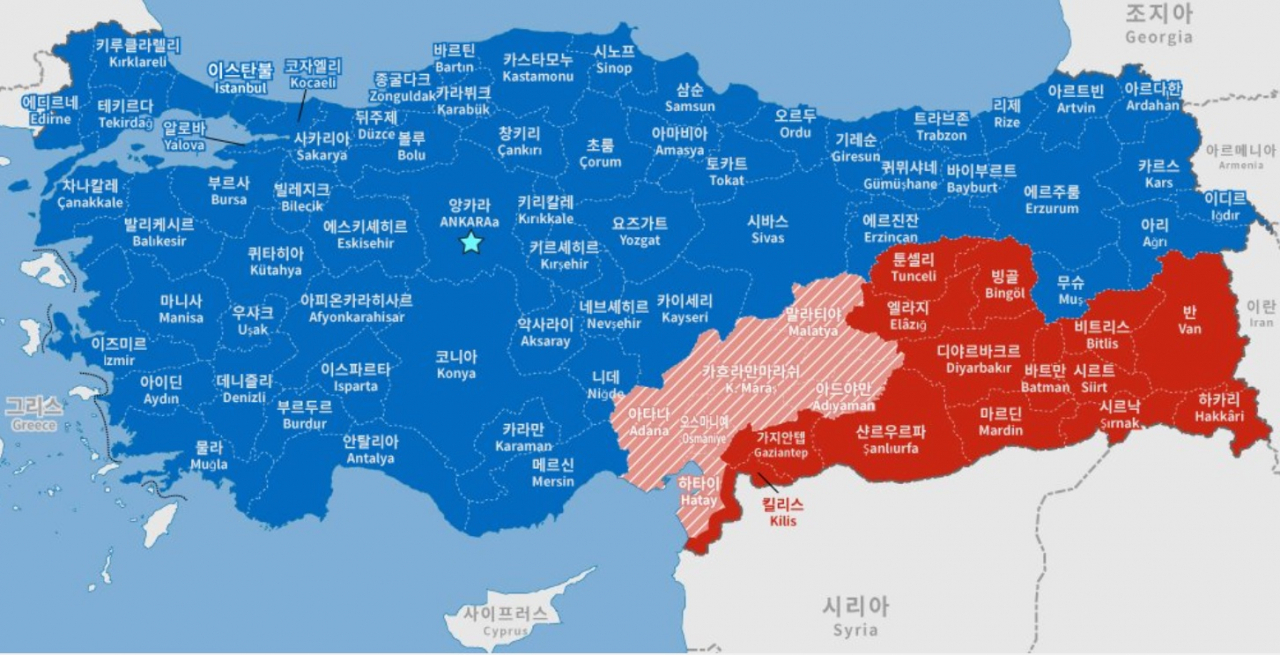 튀르키예 지역별 여행경보 상황. 모든 튀르키예 여행상품은 청색 안전구역에만 제한돼 불가항력적 천재지변과는 무관하다.