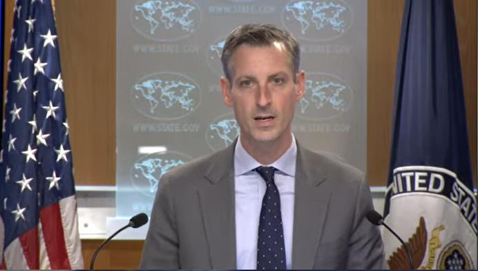State Department spokesperson Ned Price is seen answering questions during a daily press briefing at the state department in Washington on Thursday. (Yonhap)