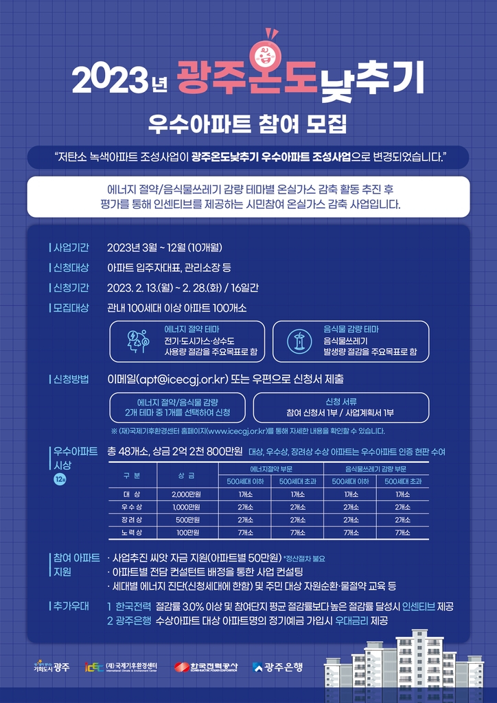 광주시는 2045 탄소중립 목표 달성을 위해 '광주 온도 낮추기 우수아파트 조성 사업' 참여 아파트를 공개 모집한다.