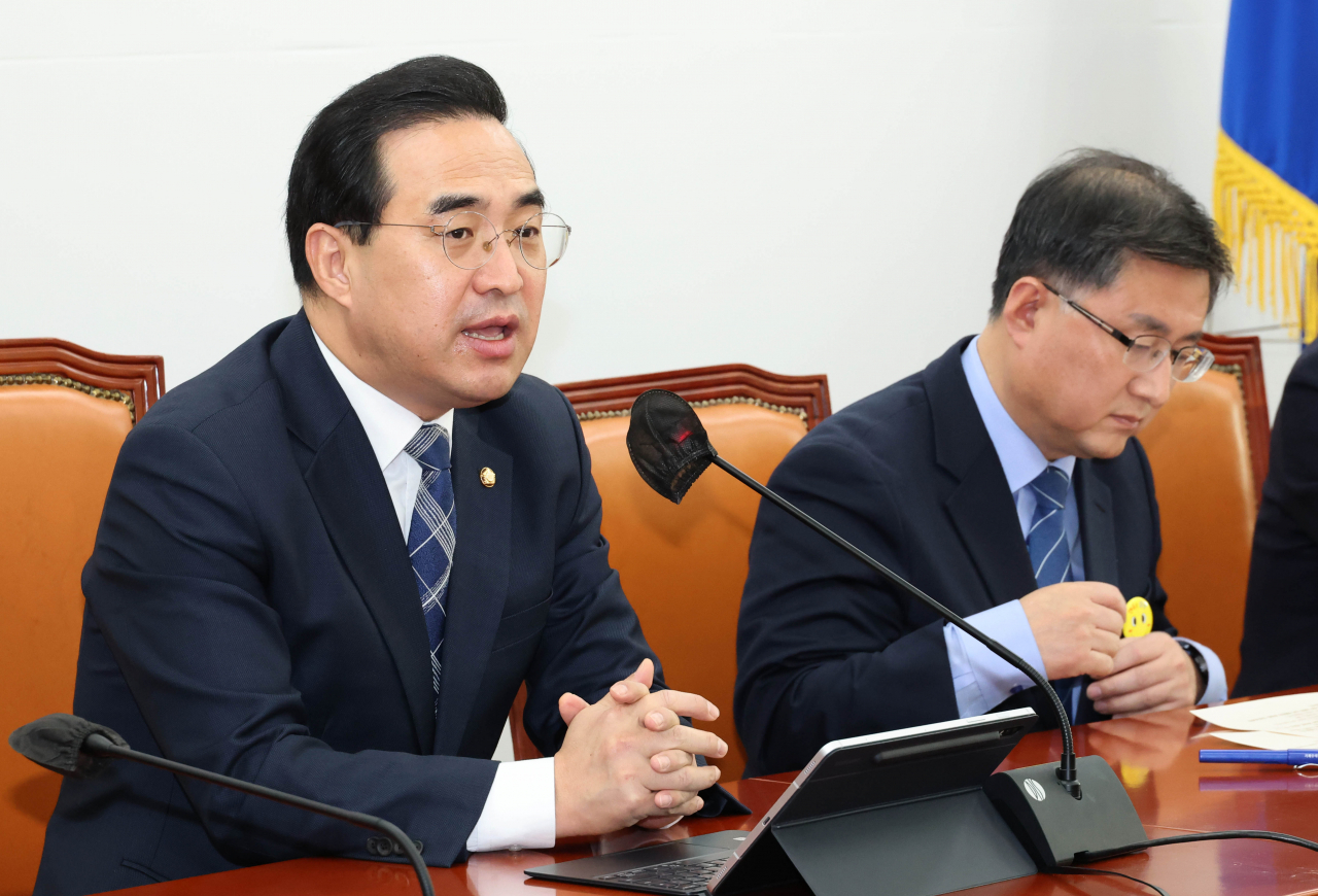 박홍근 더불어민주당 원내대표가 9일 국회에서 열린 정책조정회의에서 발언하고 있다. [연합]
