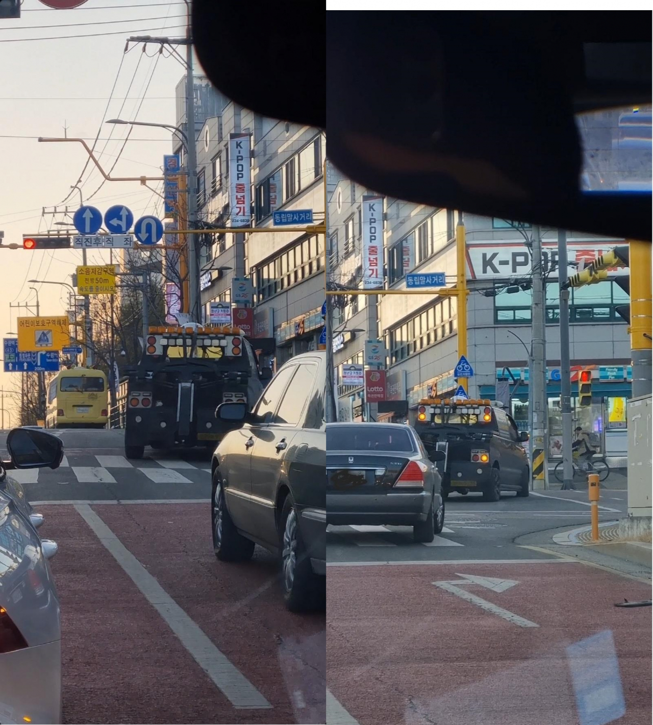 견인치가 어린이 보호구역 내 교차로에서 빨간 불에 신호단속 카메라를 피해 우측으로 차로를 뺀 뒤 다시 직진하는 모습이다. [온라인 커뮤니티 '보배드림' 캡처]