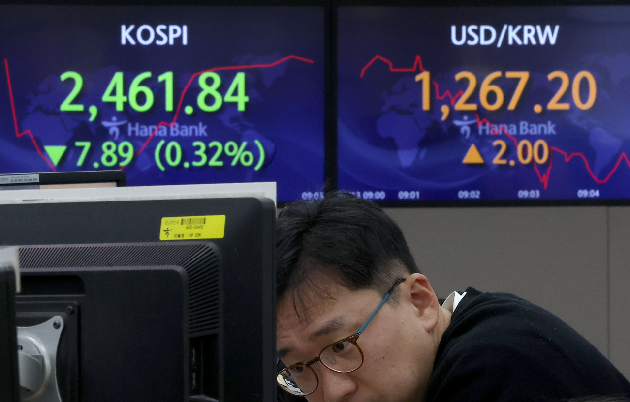 코스피가 전날보다 7.77포인트(0.31%) 내린 2461.96로 시작한 13일 오전 서울 중구 하나은행 본점 딜링룸에서 딜러들이 업무를 보고 있다. 이날 원/달러 환율은 전날보다 2.7원 오른 1267.9원으로, 코스닥은 0.94포인트(0.12%) 내린 771.50로 개장했다. 연합뉴스