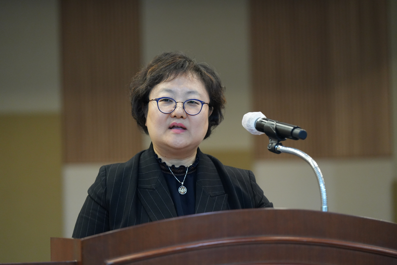 김정희 농림축식품부 식량정책실장이13일 세종 NH농협생명에서 열린 '2023년도 쌀 적정생산대책' 업무협약식에서 인사말을 하고 있다. [농림축산식품부 제공]