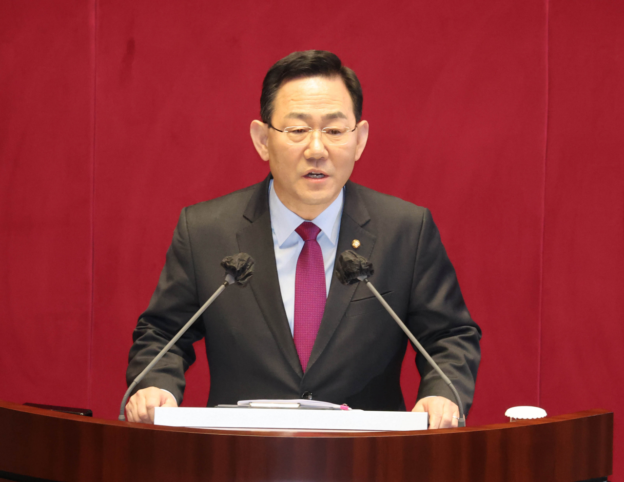 주호영 국민의힘 원내대표가 14일 국회에서 열린 본회의에서 교섭단체대표연설을 하고 있다. [연합]