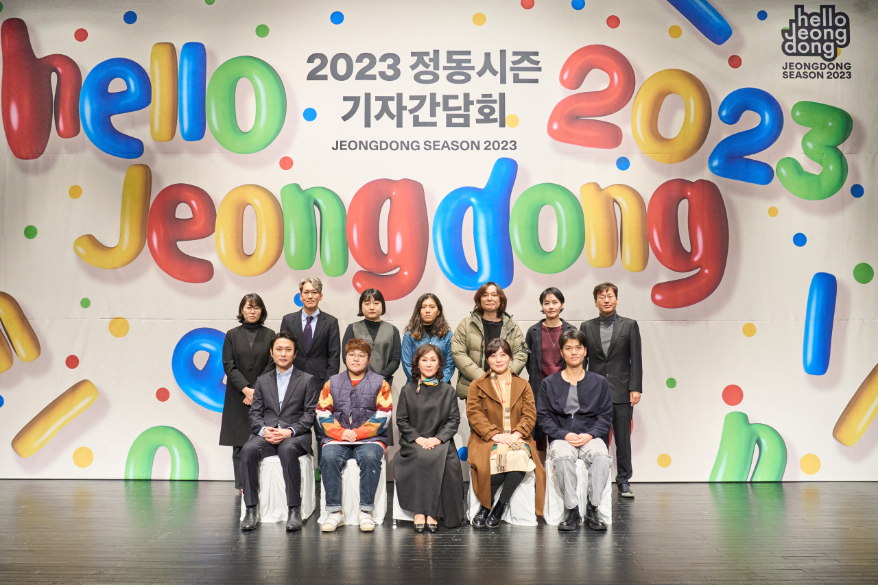 Directors of the creative teams for Jeongdong Theater‘s 2023 season and Jeongdong Theater director Choung Soung-sook (first row, center) pose for a group photo after a press conference held at the National Jeongdong Theater of Korea Cecil, on Tuesday. (Jeongdong Theater)